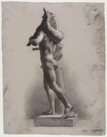 KT 1206
<br/>
Beeld van een mannelijk naakt van opzij, met eenjonge bok over de schouder (De faun met het bokje), met aan de randen krabbels en schetsen.
<br/>
<em>Bastert, Nicolaas (1854-1939)</em>